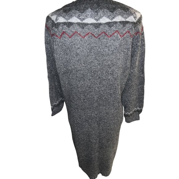 Bass Gray Knit Sweater Dress Red & White Patterned Yoke Long Sleeves Knee-Length - Picture 2 of 9